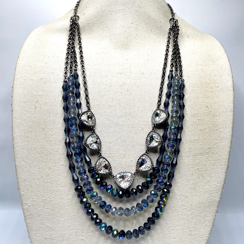 Gunmetal Tone All Glass Beaded Rhinestone Layered Statement Necklace Bold